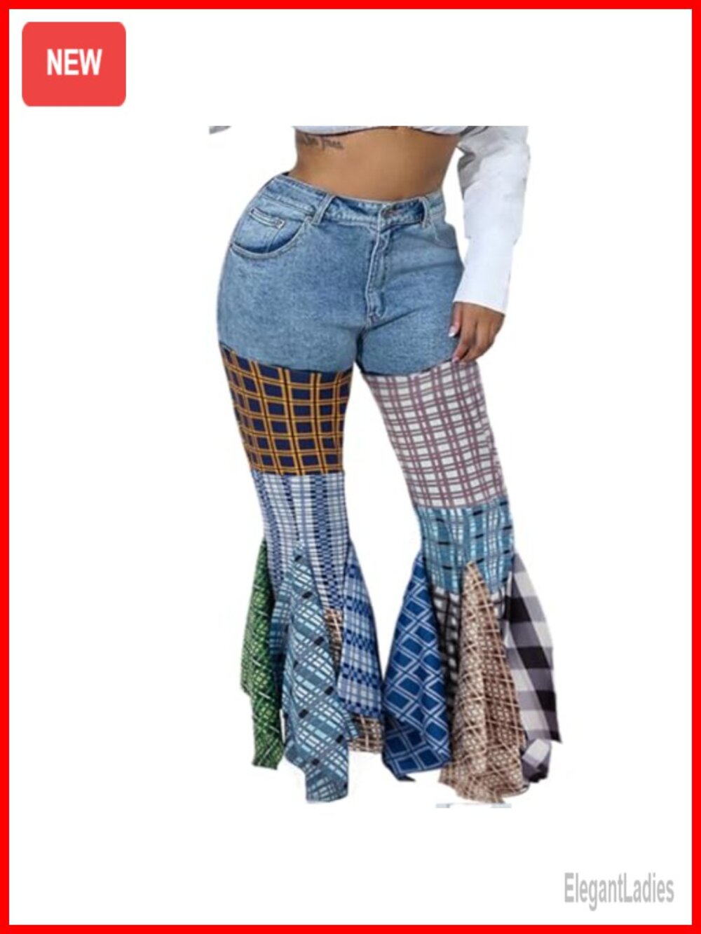 High Waist Checkered Patchwork Flare Jeans Bell Bottom Ruffle Stretch Denim